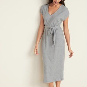 Tie-Belt Ribbed Knit Midi Shift dress